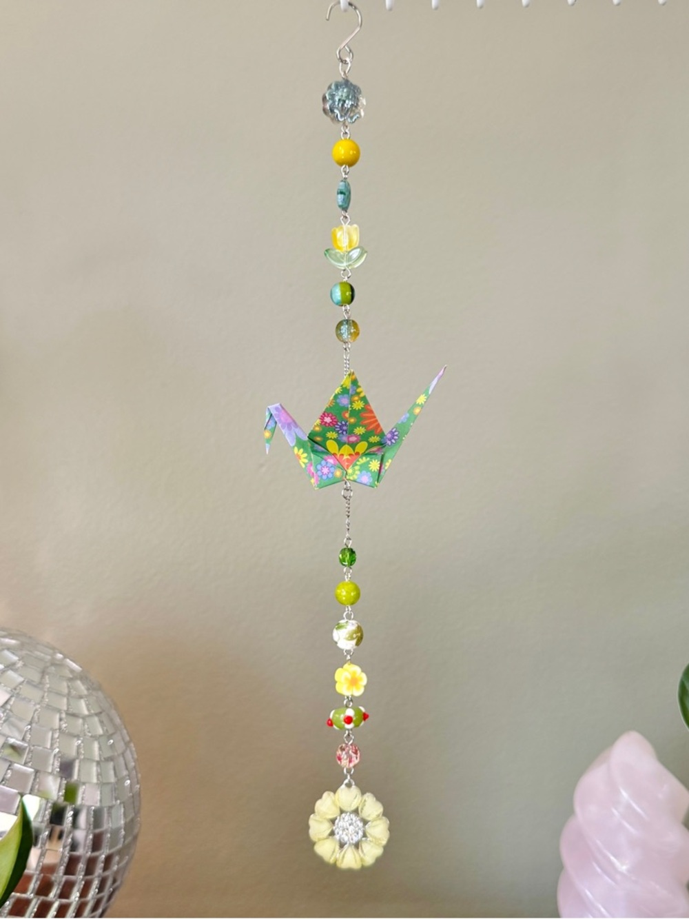 Origami Ornament #2459 - Medium Crane with Glass Flower Pendant
